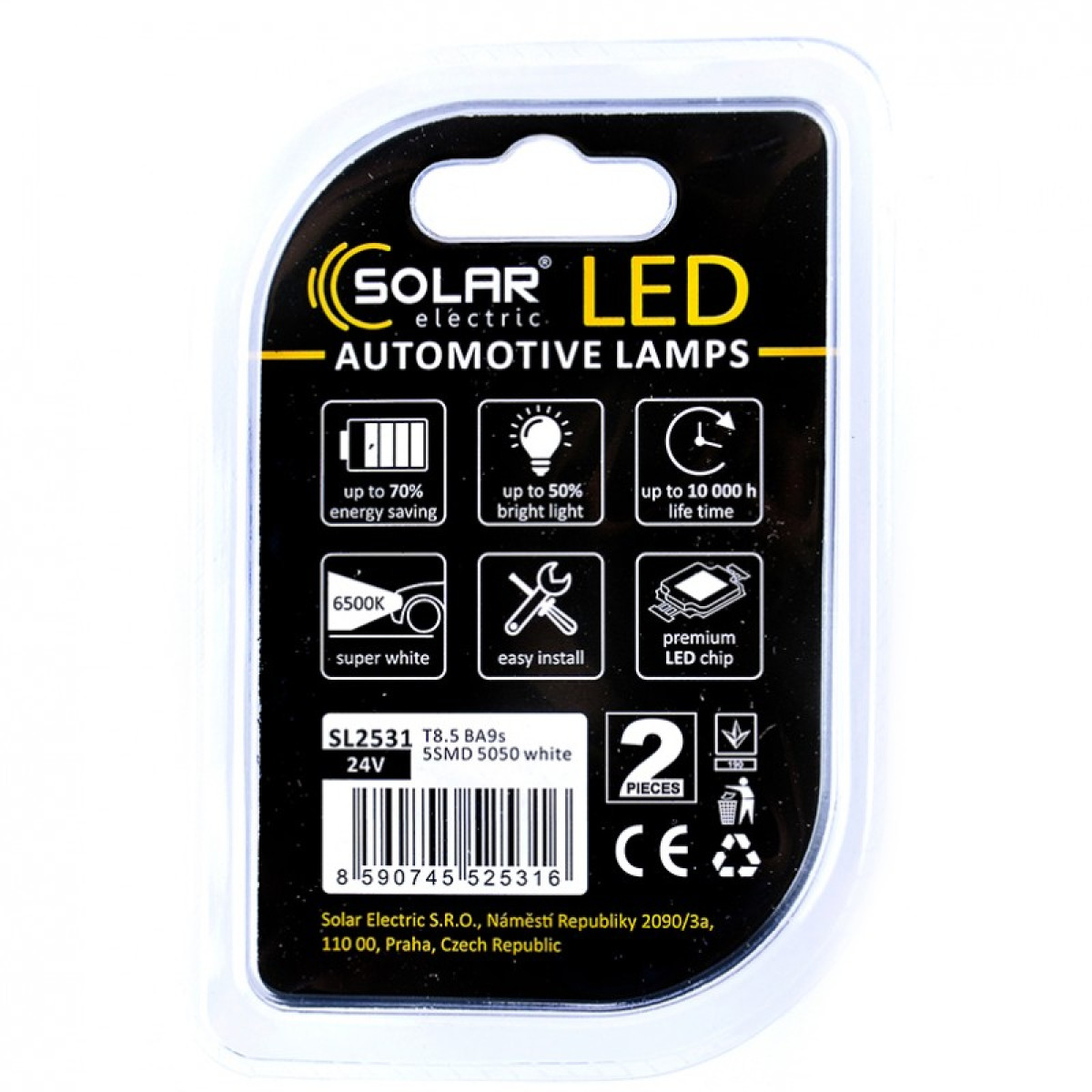 Лед лампа для авто T8.5 Premium Line 5SMD 5050 6500K Solar комплект 2шт