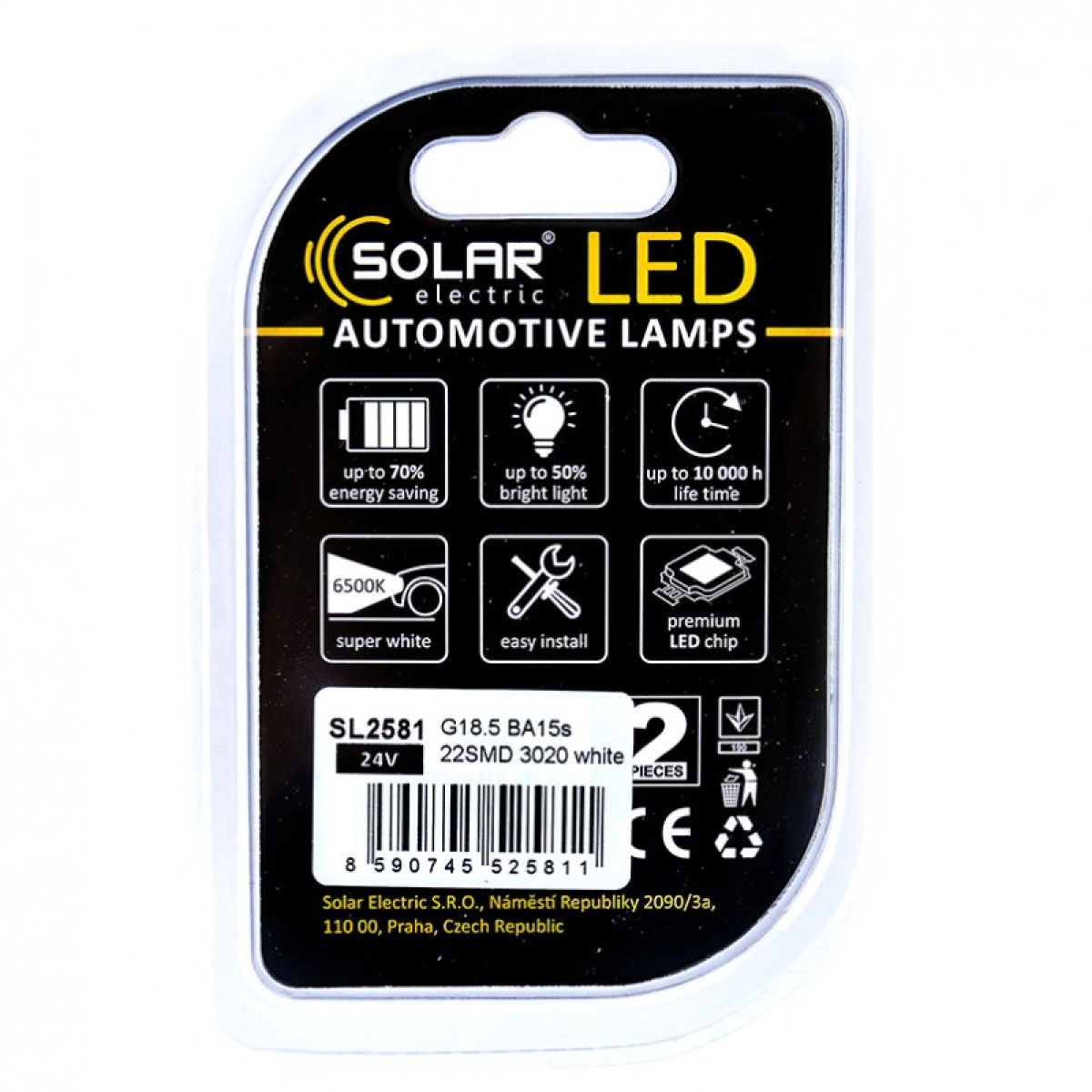 P21W лампа світлодіодна для авто  Premium Line 22SMD 3020 6500K Solar комплект 2шт