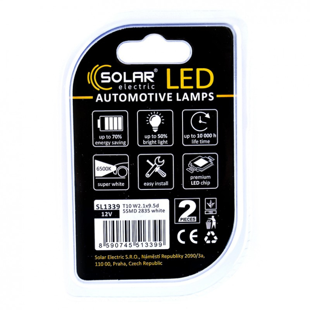 Лед лампа для авто T10 Premium Line 5SMD 2835 6500K Solar комплект 2шт