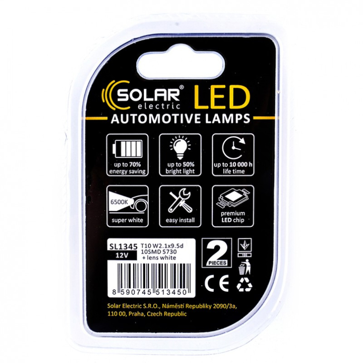 Лед лампа для авто T10 Premium Line 10SMD 5730+lens 6500K Solar комплект 2шт