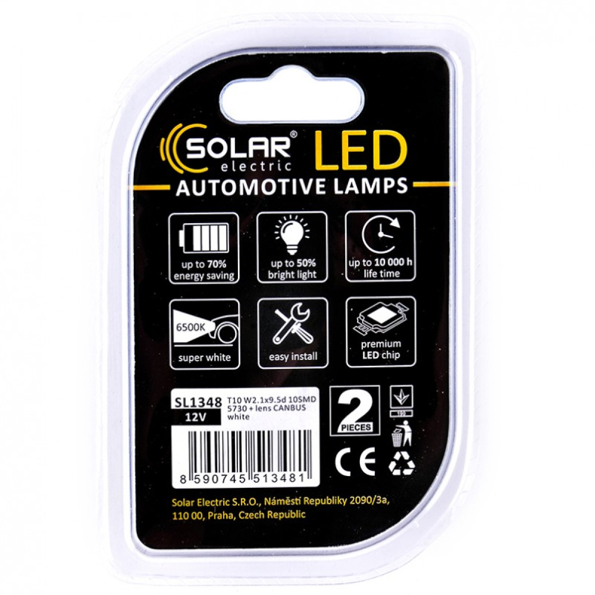 Лед лампа для авто T10 Premium Line 10SMD 5730+lens Canbus 6500K Solar комплект 2шт