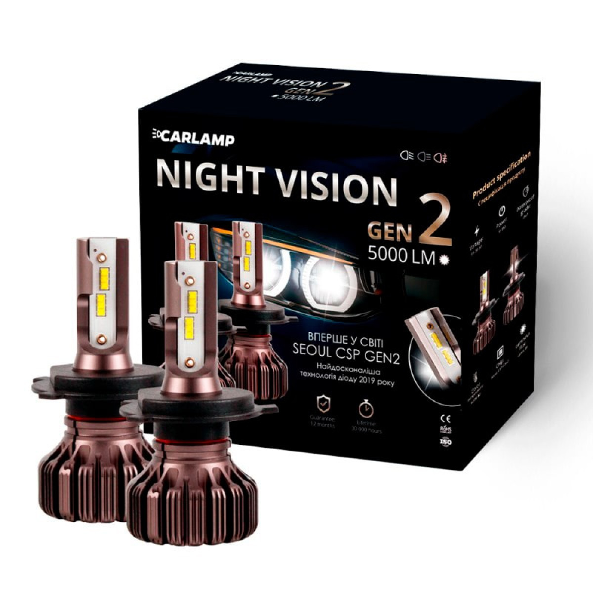 Діодна лампочка для авто H4 Carlamp LED Night Vision Gen2 5000lm 9-16V 50W 5500K комплект 2шт