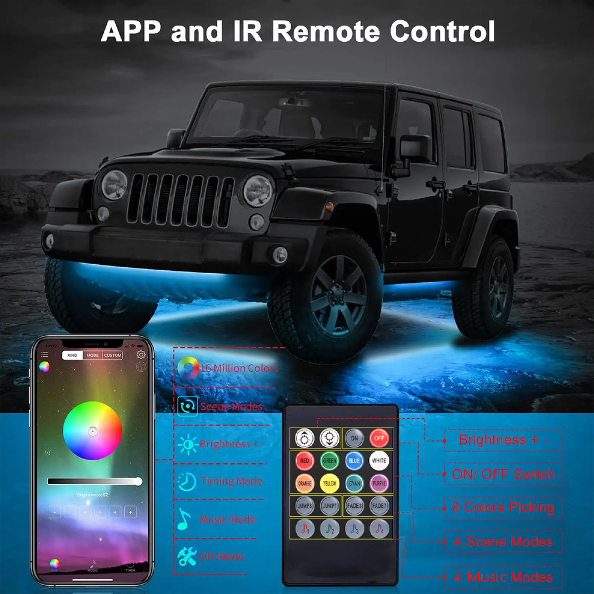 Підсвітка авто RGBW 12V IP68 2×60см + 2×90см з пультом